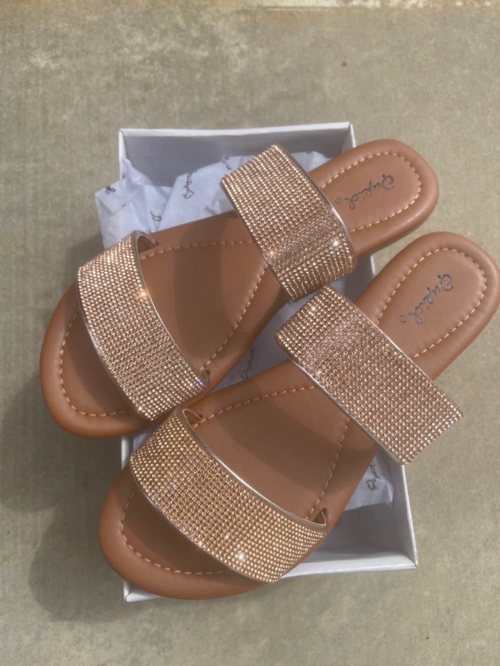 Qupid Rose Gold Crystal Double-Strap Slide Sandals